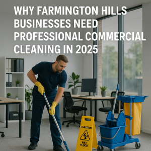 Professional commercial cleaner mopping modern office Farmington Hills MI 2025