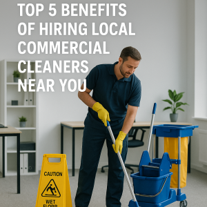 Local commercial cleaner mopping office floor with caution sign and janitorial