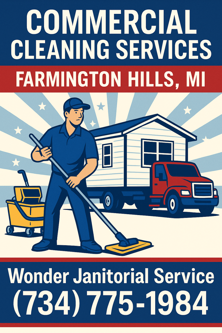 Patriotic ad for Wonder Janitorial commercial cleaning Farmington Hills MI with phone (734) 775-1984